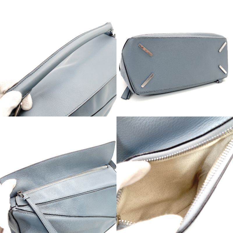 LOEWE Puzzle Bag Medium Handbag Leather Light Blue 2-Way Shoulder Bag Silver Hardware 7-10-328