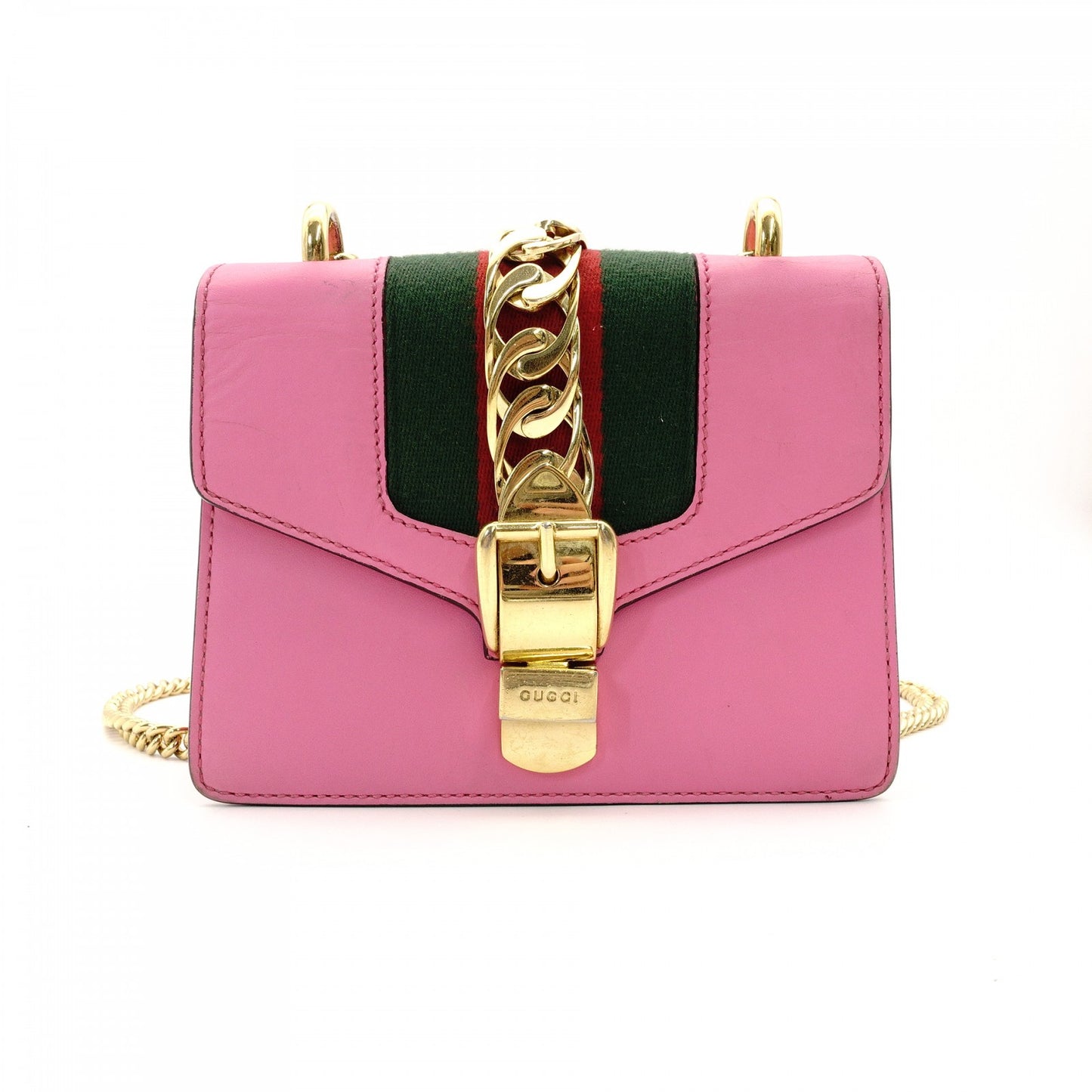 GUCCI Sylvie Chain Shoulder Bag Leather Pink Crossbody Gold Hardware 7-8-765