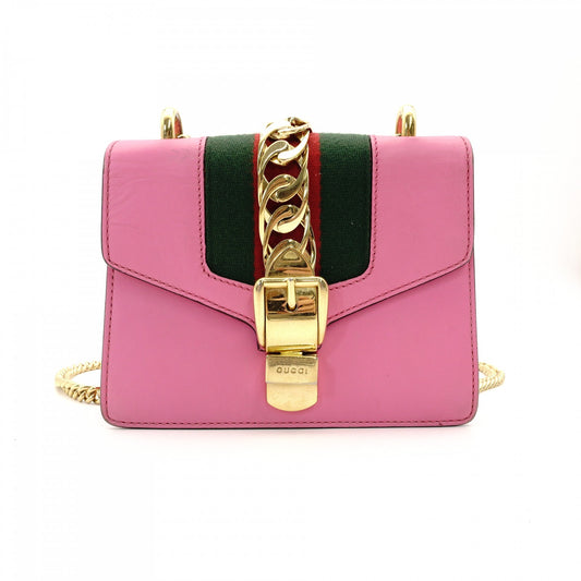 GUCCI Sylvie Chain Shoulder Bag Leather Pink Crossbody Gold Hardware 7-8-765