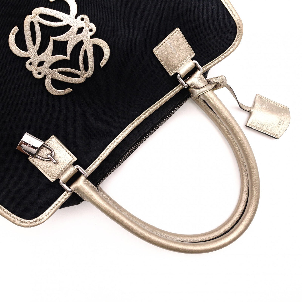 LOEWE Amazona 36 Boston Handbag, Canvas/Leather, Black/Gold, Silver Hardware, Women's