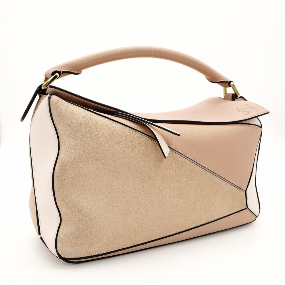 LOEWE Puzzle Bag Medium Handbag Leather Suede Pink Beige 2-Way Shoulder Bag Silver Hardware 7-11-188