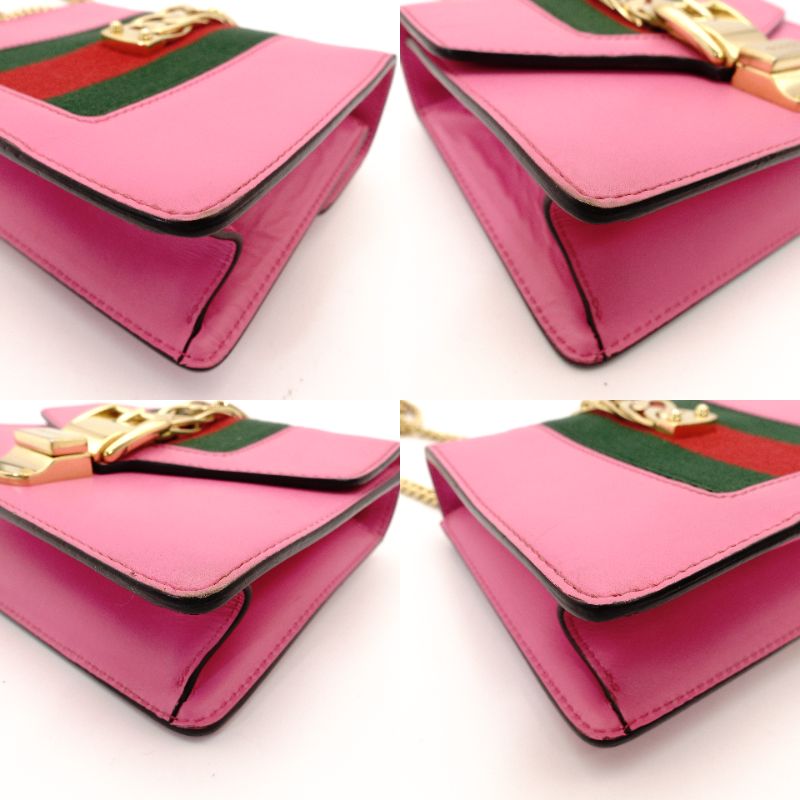 GUCCI Sylvie Chain Shoulder Bag Leather Pink Crossbody Gold Hardware 7-8-765