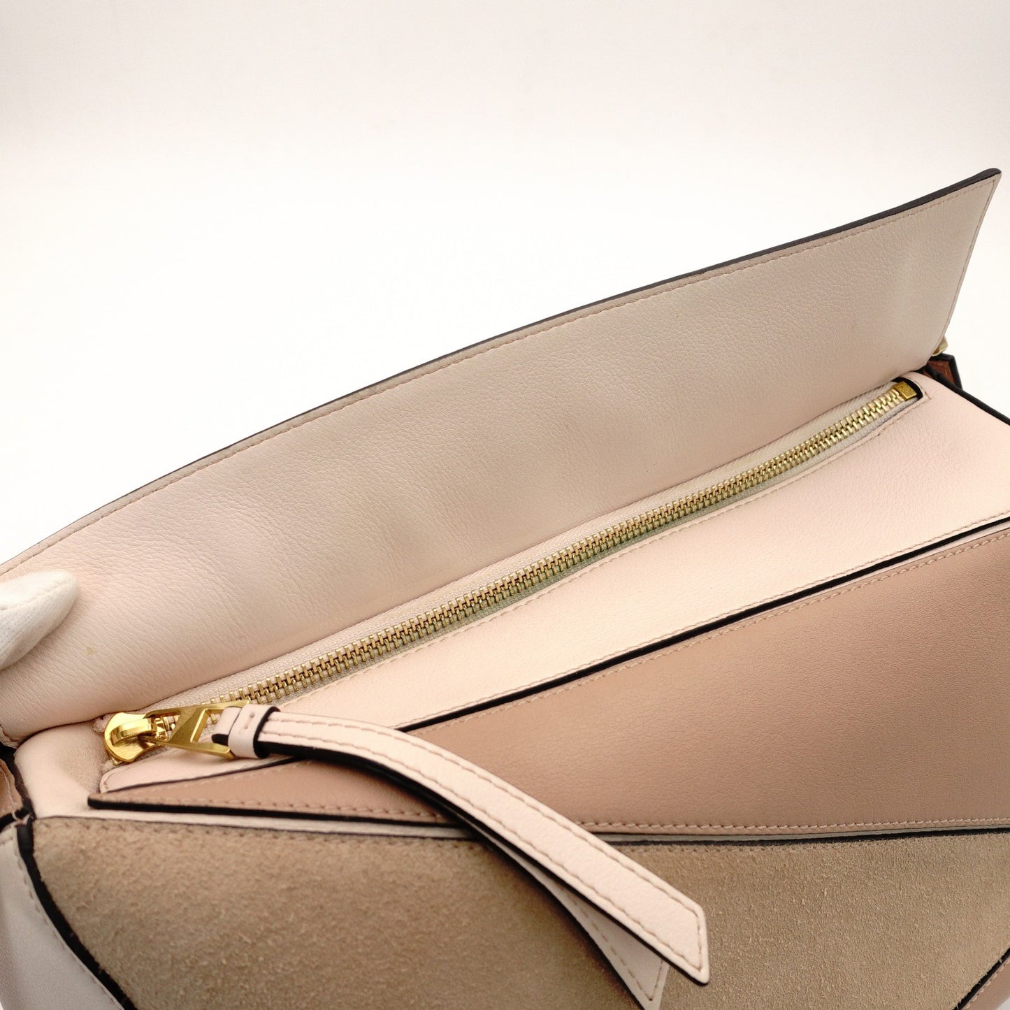 LOEWE Puzzle Bag Medium Handbag Leather Suede Pink Beige 2-Way Shoulder Bag Silver Hardware 7-11-188