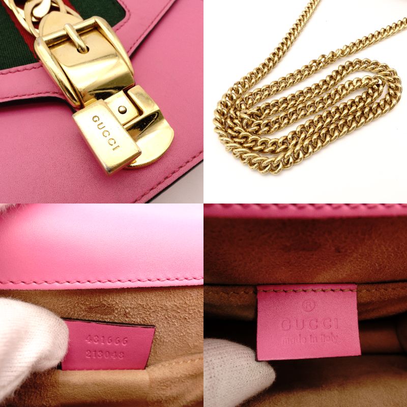 GUCCI Sylvie Chain Shoulder Bag Leather Pink Crossbody Gold Hardware 7-8-765