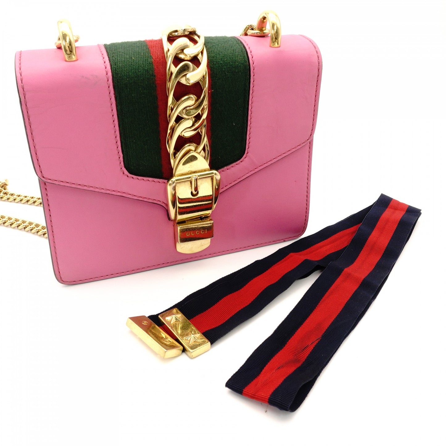 GUCCI Sylvie Chain Shoulder Bag Leather Pink Crossbody Gold Hardware 7-8-765