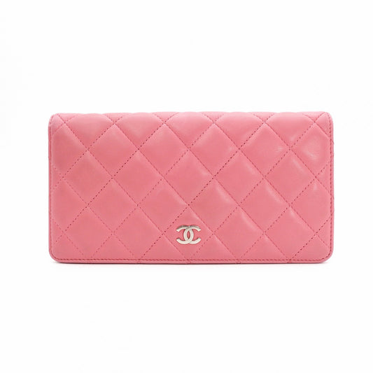 CHANEL Matelassé Long Wallet Leather Pink Silver Hardware Wallet