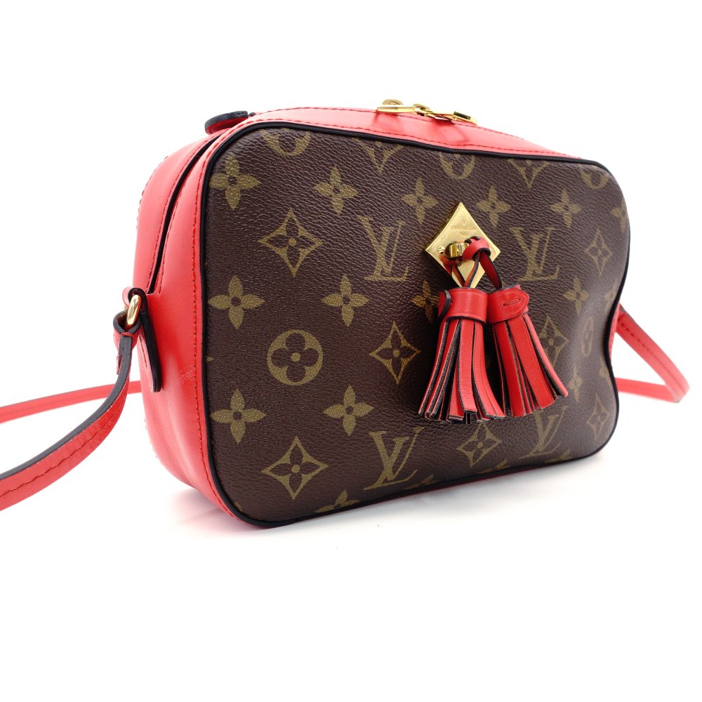 LOUIS VUITTON Santonjue Shoulder Bag Monogram Canvas Brown × Red PVC Leather Crossbody Tassel 7-8-325