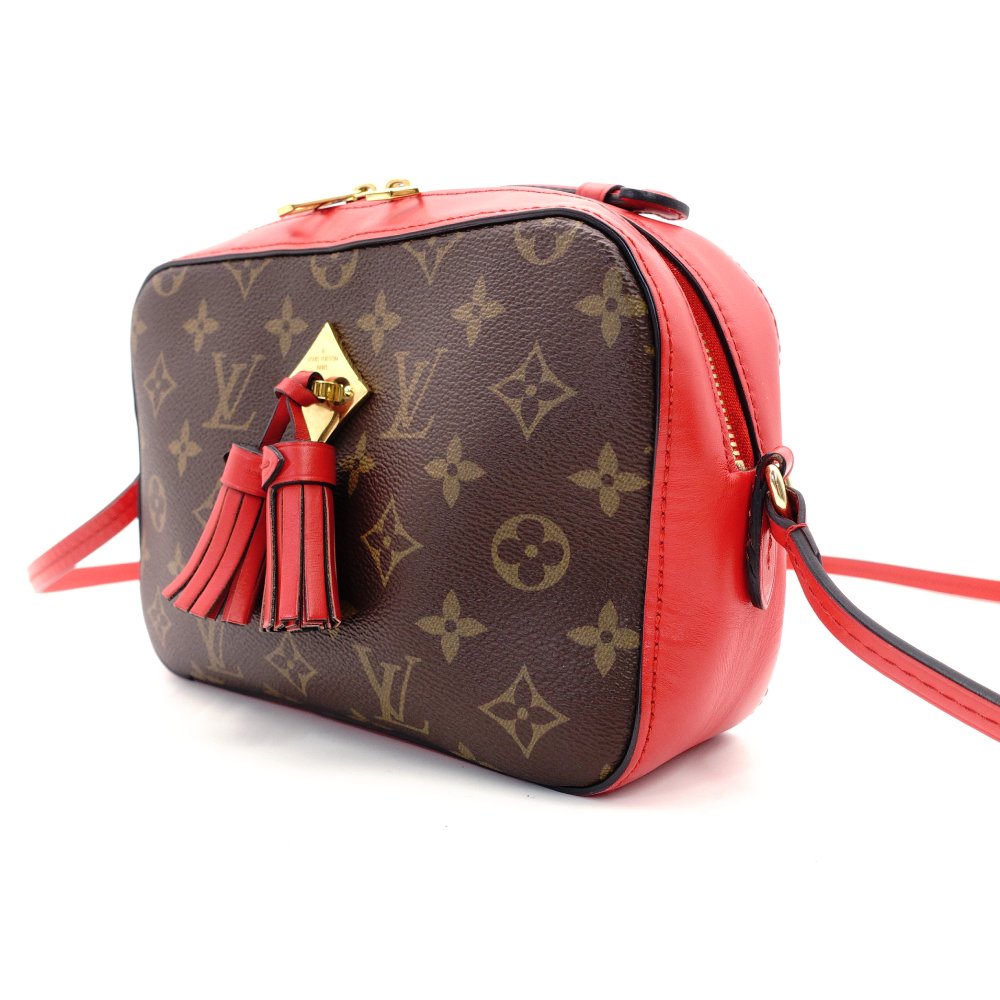 LOUIS VUITTON Santonjue Shoulder Bag Monogram Canvas Brown × Red PVC Leather Crossbody Tassel 7-8-325
