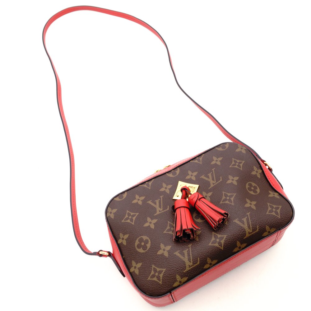 LOUIS VUITTON Santonjue Shoulder Bag Monogram Canvas Brown × Red PVC Leather Crossbody Tassel 7-8-325