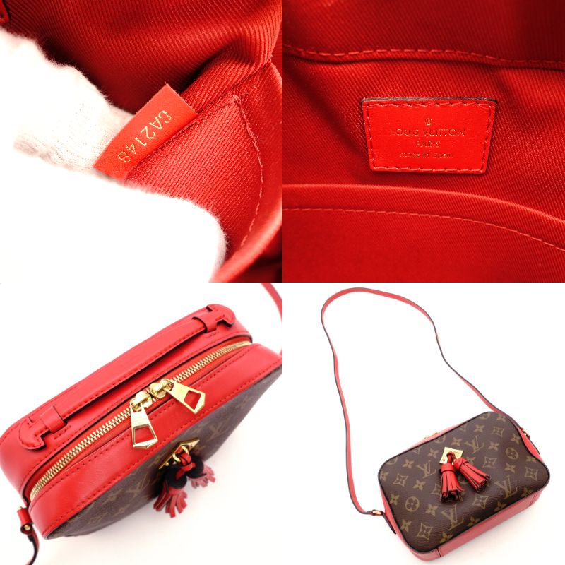 LOUIS VUITTON Santonjue Shoulder Bag Monogram Canvas Brown × Red PVC Leather Crossbody Tassel 7-8-325