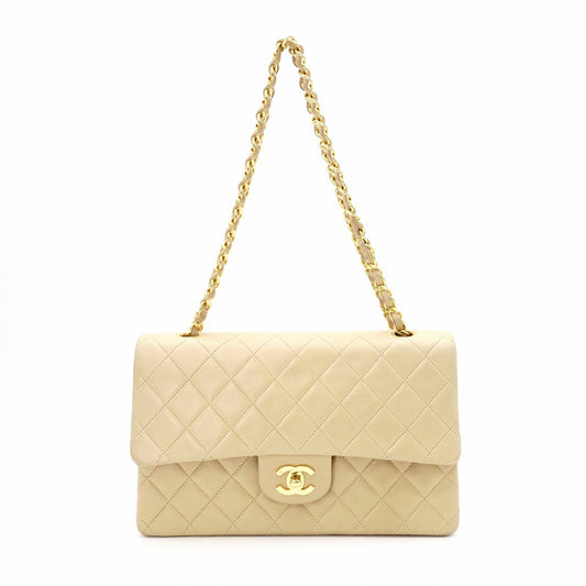 CHANEL Classic Double Flap Quilted 25 Shoulder Bag Leather Beige