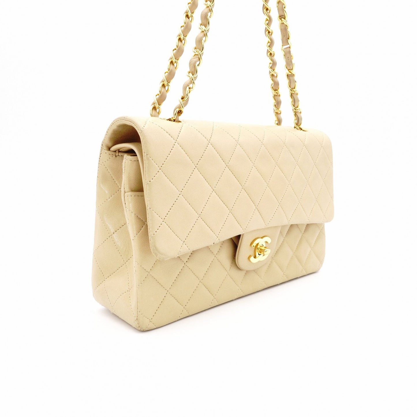 CHANEL Classic Double Flap Quilted 25 Shoulder Bag Leather Beige