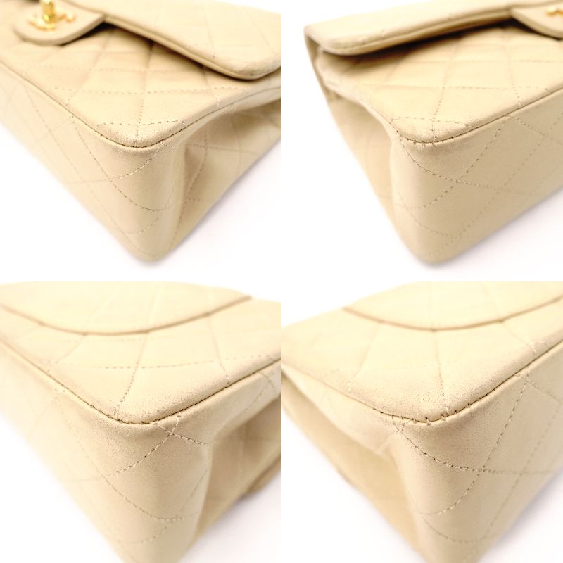 CHANEL Classic Double Flap Quilted 25 Shoulder Bag Leather Beige
