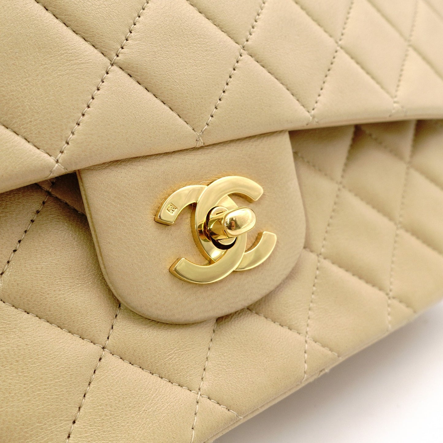 CHANEL Classic Double Flap Quilted 25 Shoulder Bag Leather Beige