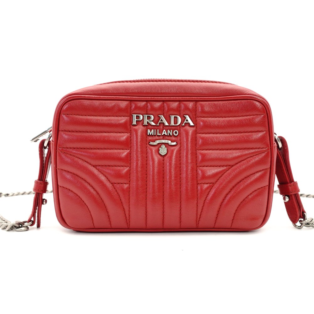 PRADA Diagram Chain Shoulder Bag Red Leather Silver Hardware Crossbody 7-10-721