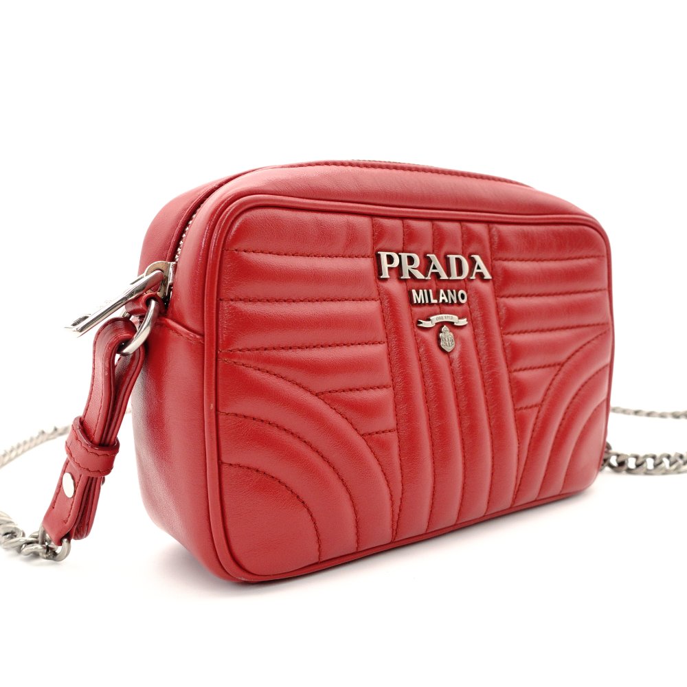PRADA Diagram Chain Shoulder Bag Red Leather Silver Hardware Crossbody 7-10-721