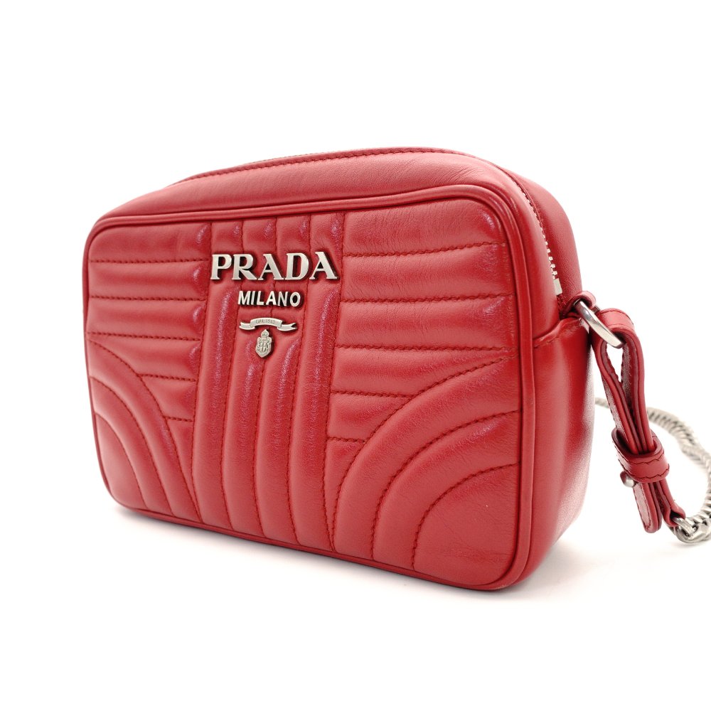 PRADA Diagram Chain Shoulder Bag Red Leather Silver Hardware Crossbody 7-10-721