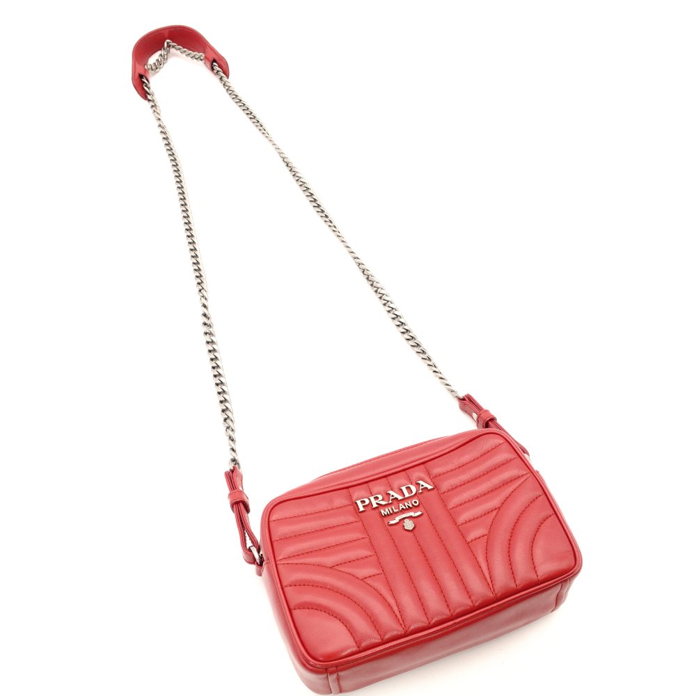 PRADA Diagram Chain Shoulder Bag Red Leather Silver Hardware Crossbody 7-10-721