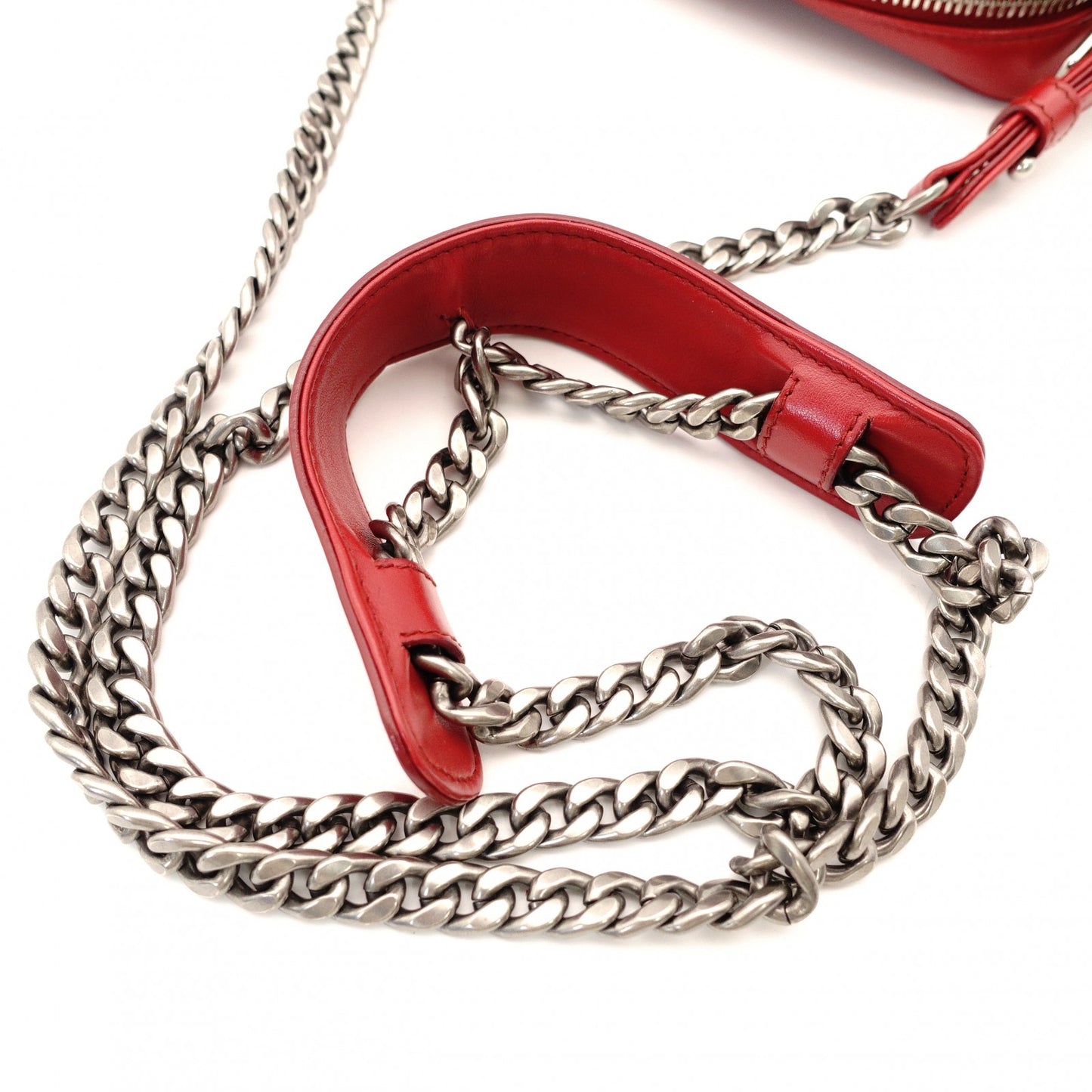 PRADA Diagram Chain Shoulder Bag Red Leather Silver Hardware Crossbody 7-10-721