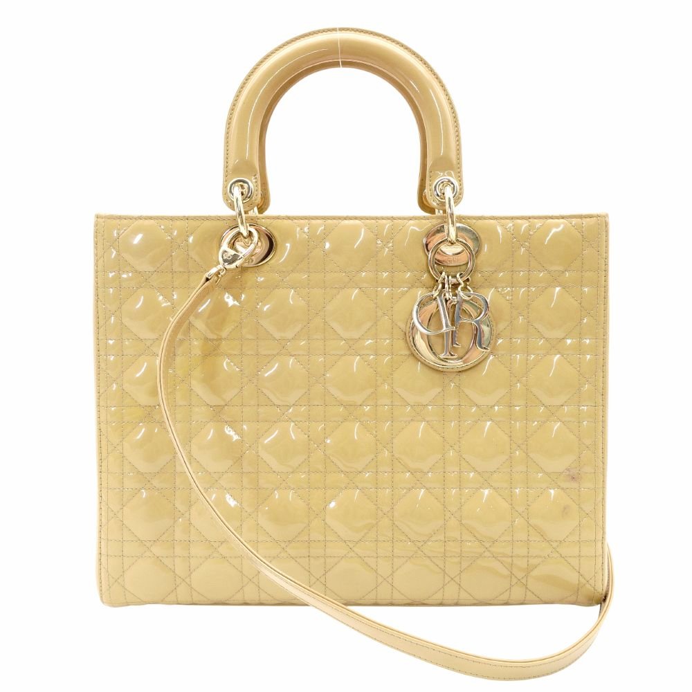 Christian Dior Lady Dior Medium Beige Handbag Patent Leather Gold Hardware 2-Way 7-11-238