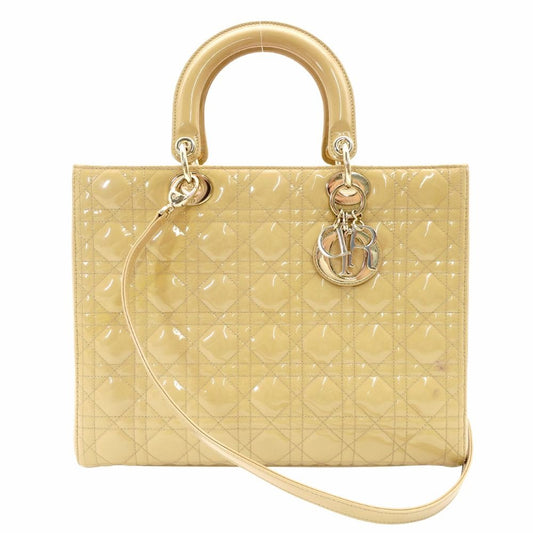 Christian Dior Lady Dior Medium Beige Handbag Patent Leather Gold Hardware 2-Way 7-11-238