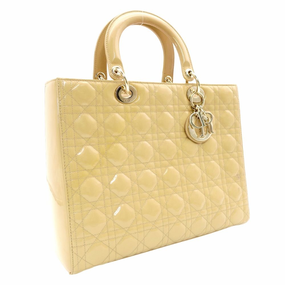 Christian Dior Lady Dior Medium Beige Handbag Patent Leather Gold Hardware 2-Way 7-11-238