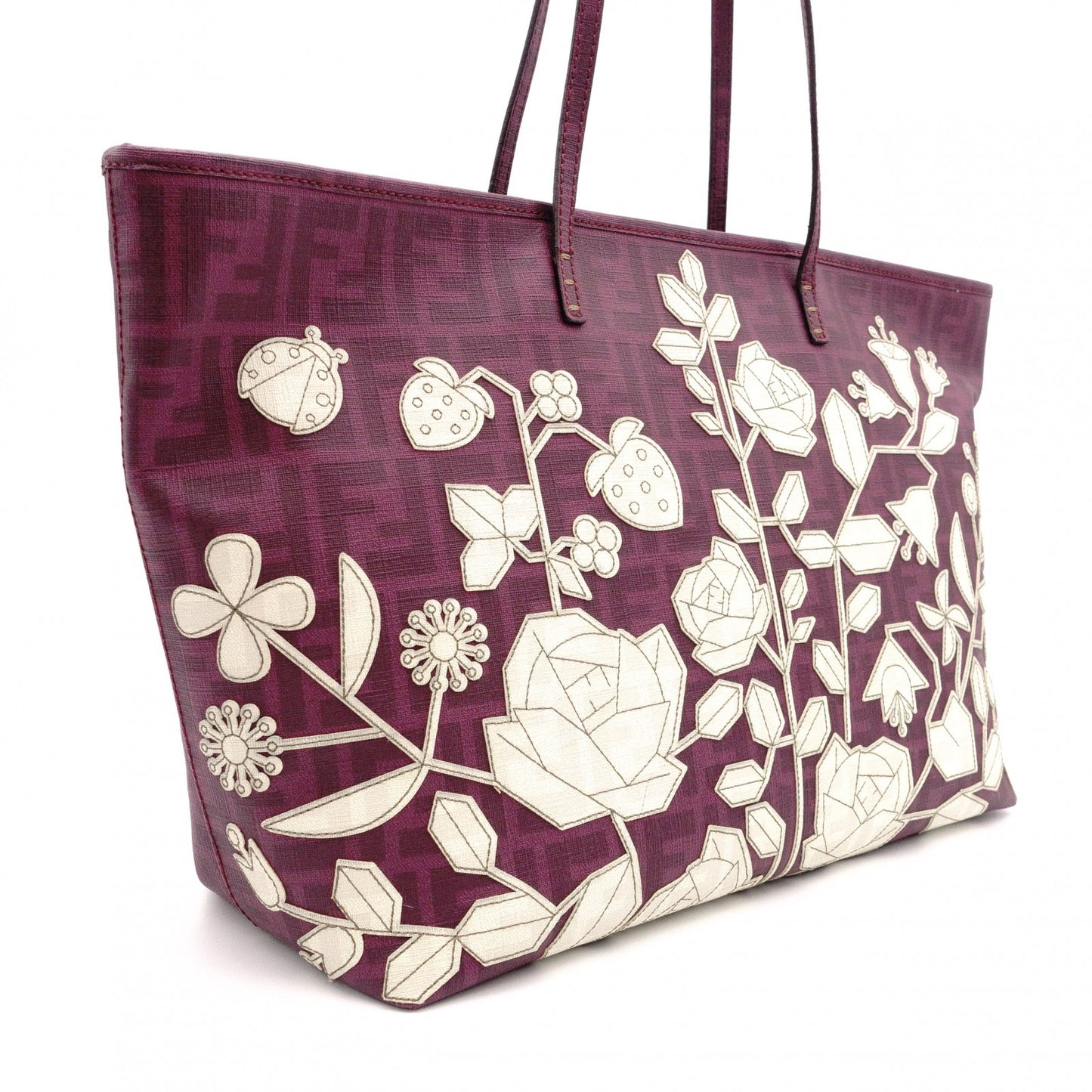 FENDI Tote Bag with Floral Motif, Zucca PVC/Leather, Purple, Shoulder Bag