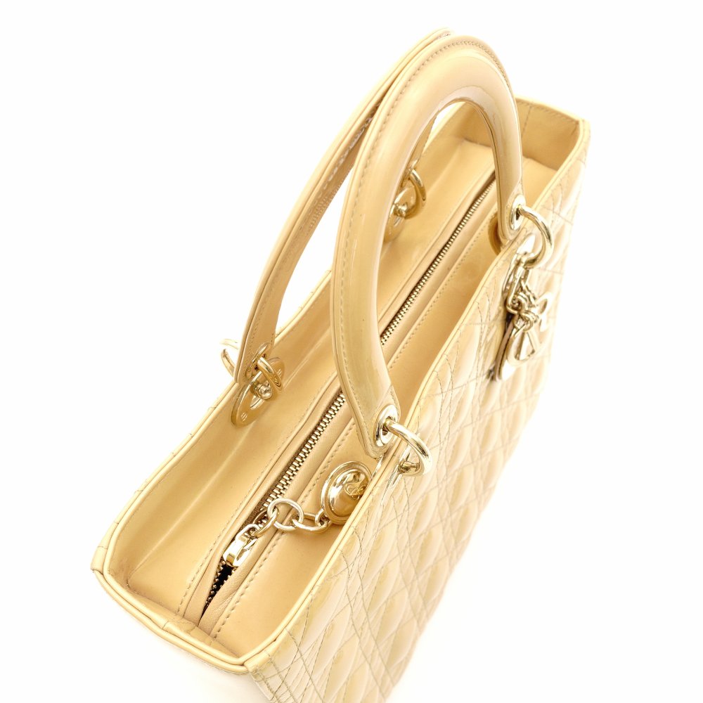 Christian Dior Lady Dior Medium Beige Handbag Patent Leather Gold Hardware 2-Way 7-11-238