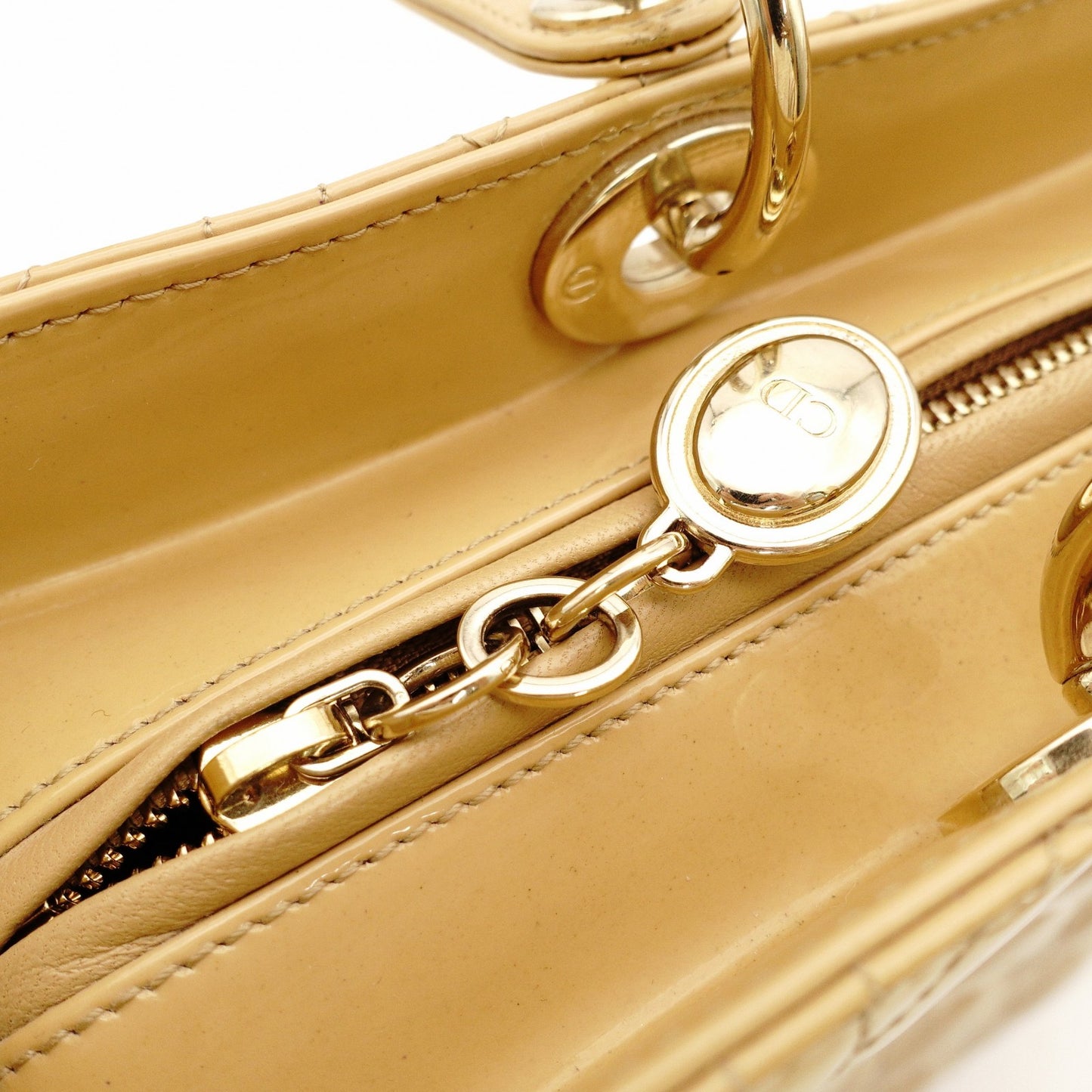 Christian Dior Lady Dior Medium Beige Handbag Patent Leather Gold Hardware 2-Way 7-11-238