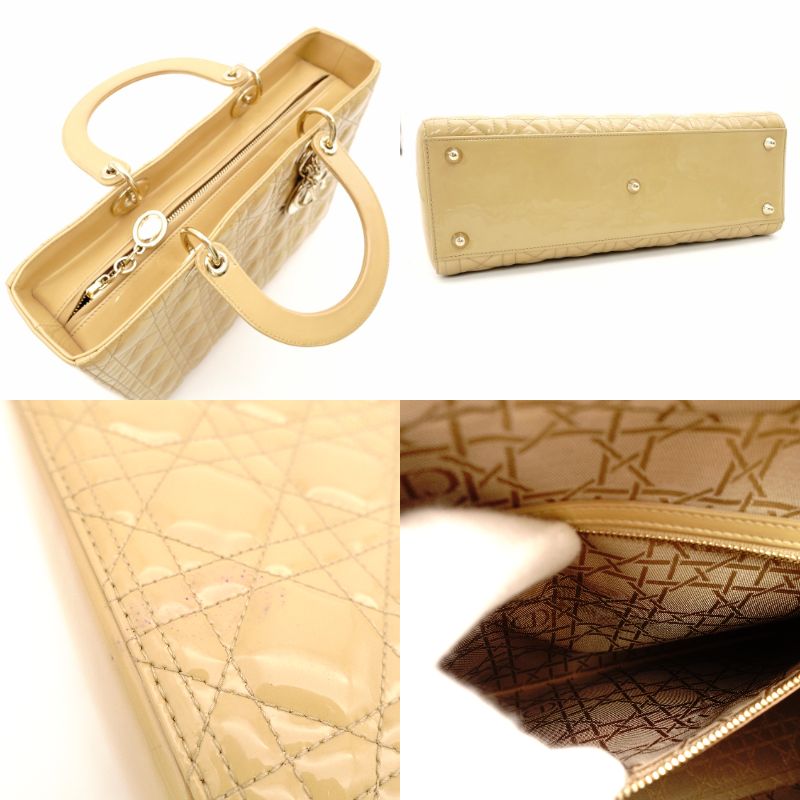 Christian Dior Lady Dior Medium Beige Handbag Patent Leather Gold Hardware 2-Way 7-11-238