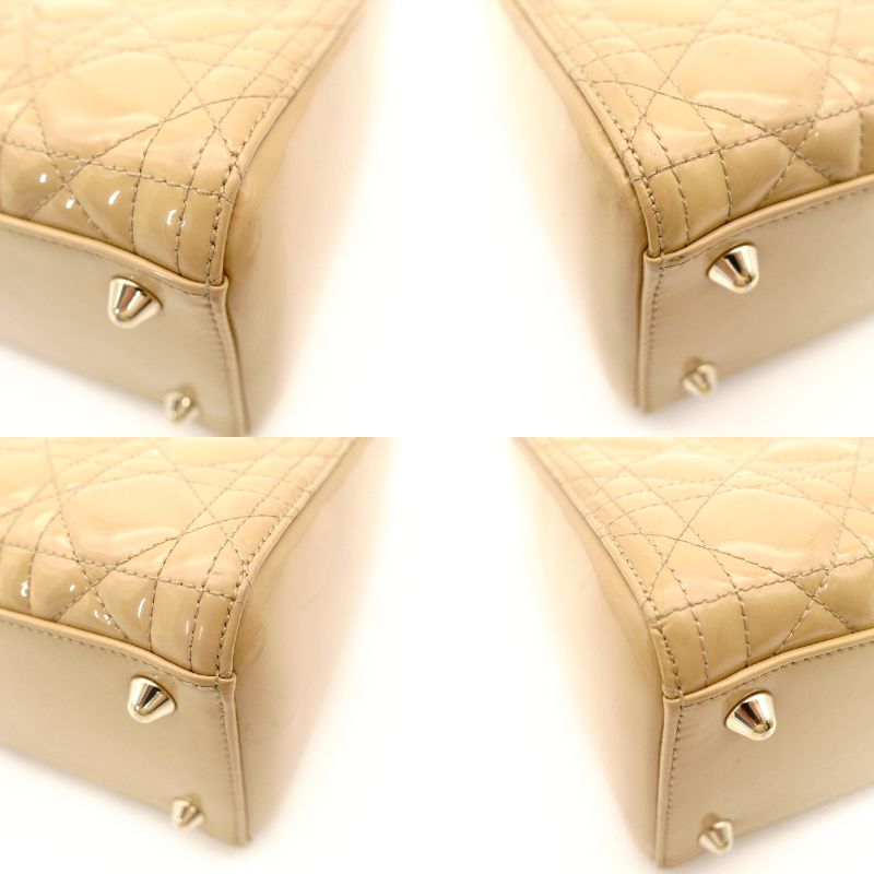 Christian Dior Lady Dior Medium Beige Handbag Patent Leather Gold Hardware 2-Way 7-11-238