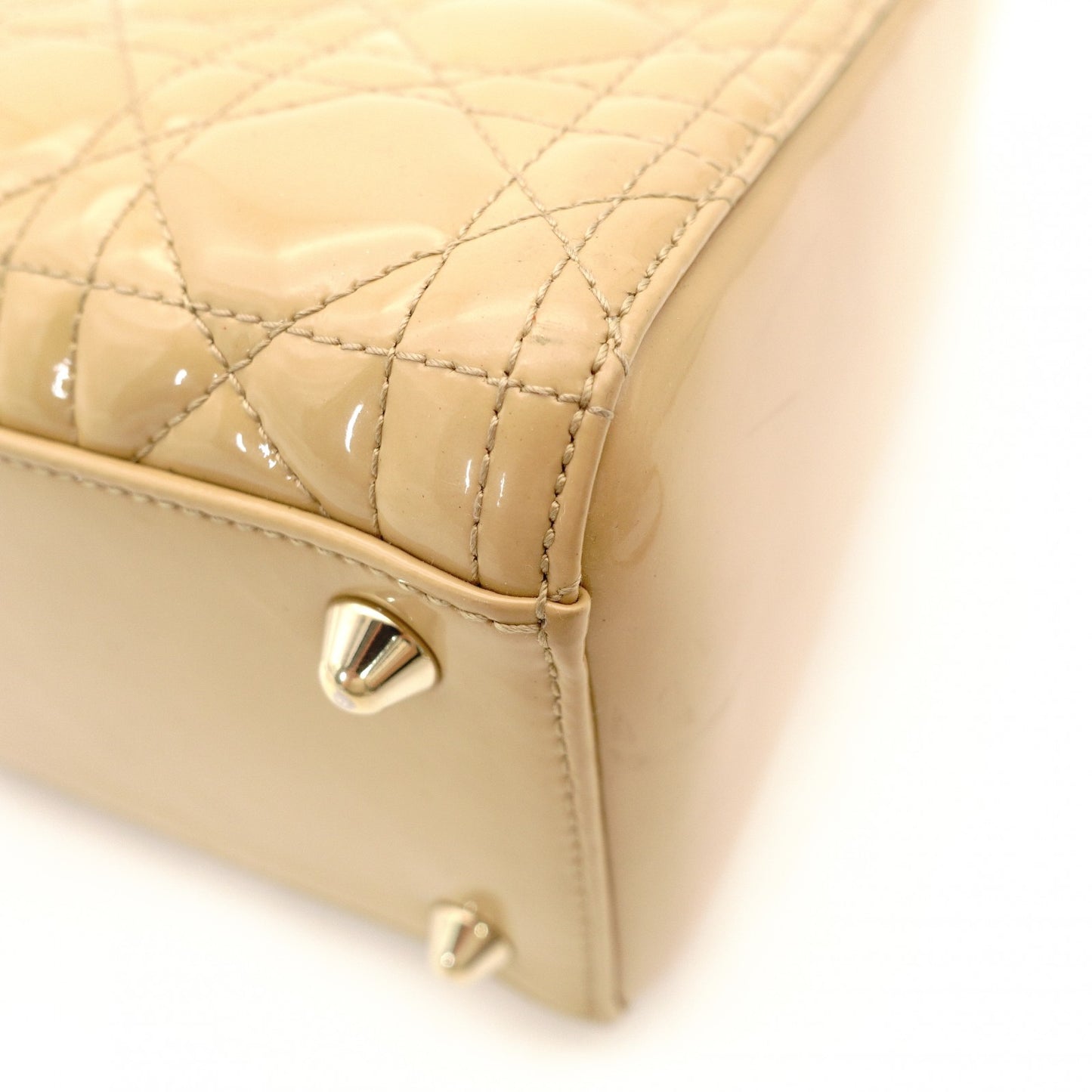 Christian Dior Lady Dior Medium Beige Handbag Patent Leather Gold Hardware 2-Way 7-11-238