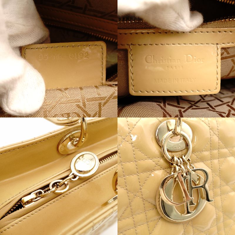 Christian Dior Lady Dior Medium Beige Handbag Patent Leather Gold Hardware 2-Way 7-11-238