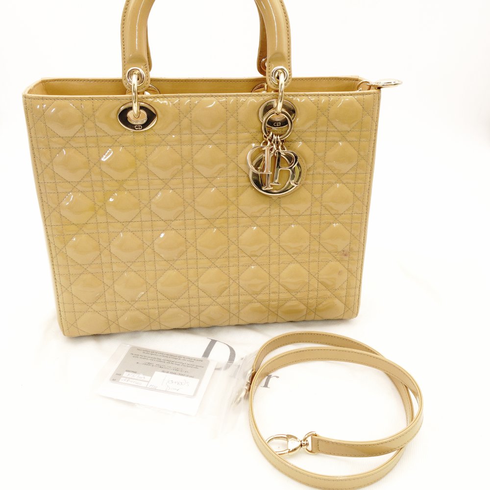 Christian Dior Lady Dior Medium Beige Handbag Patent Leather Gold Hardware 2-Way 7-11-238