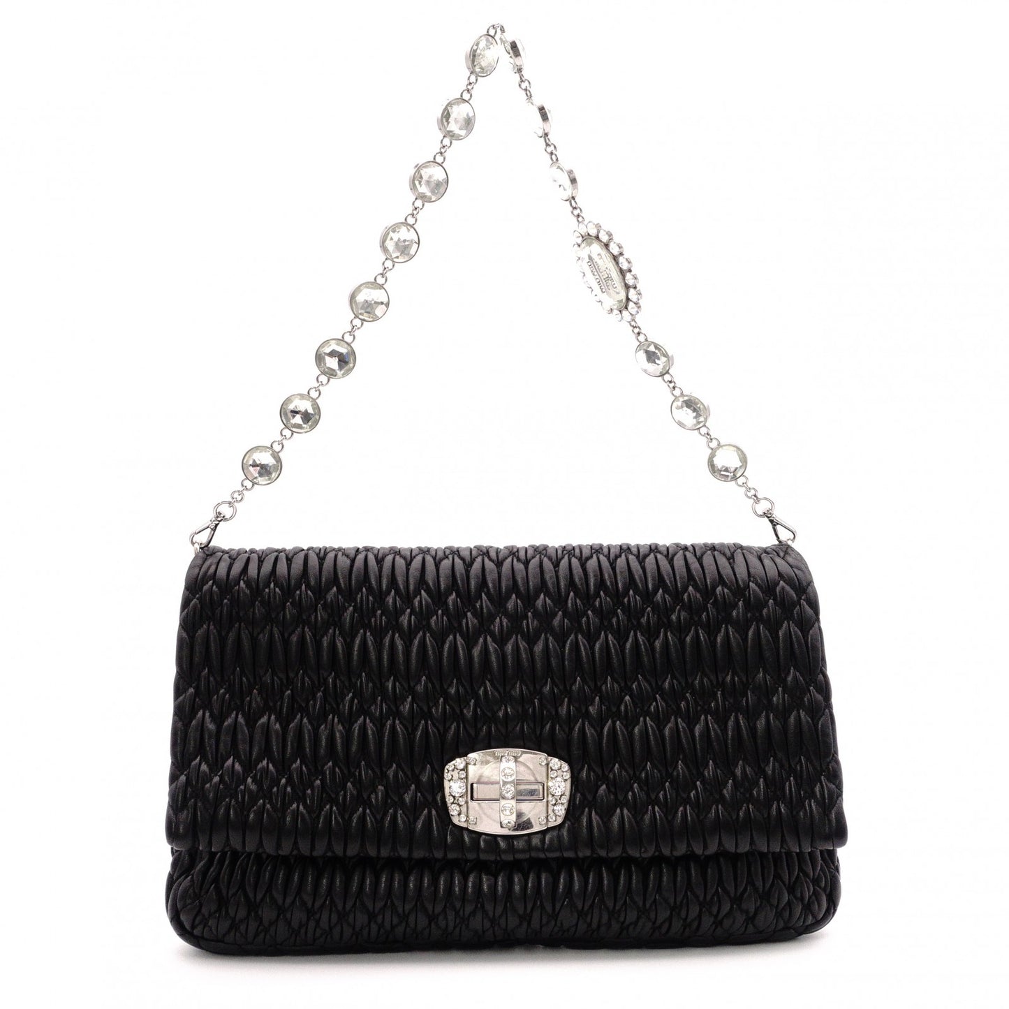 Miu Miu Matelassé Shoulder Bag, Leather, Black, Jewels, Rhinestones, Silver Hardware