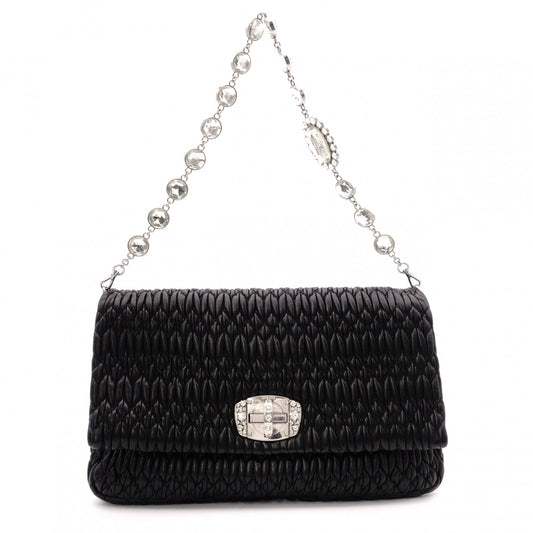 Miu Miu Matelassé Shoulder Bag, Leather, Black, Jewels, Rhinestones, Silver Hardware