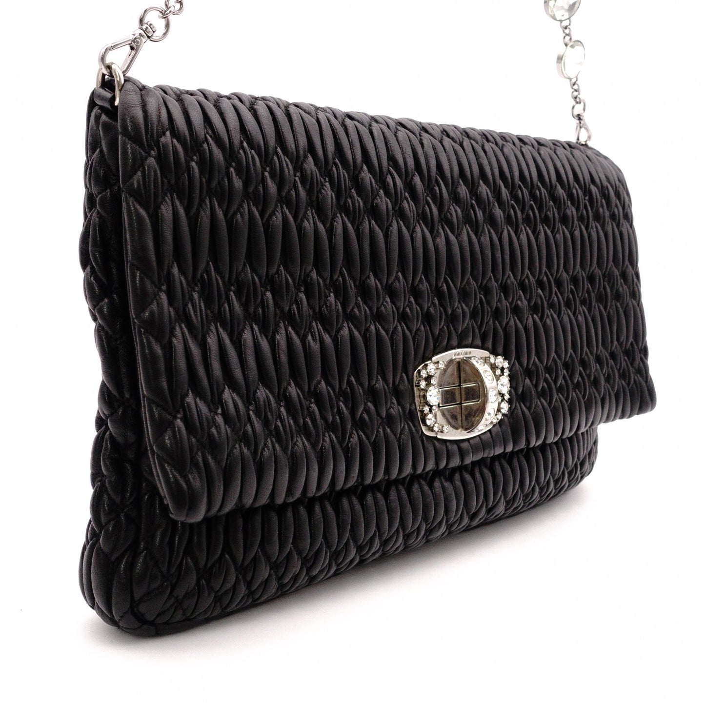 Miu Miu Matelassé Shoulder Bag, Leather, Black, Jewels, Rhinestones, Silver Hardware