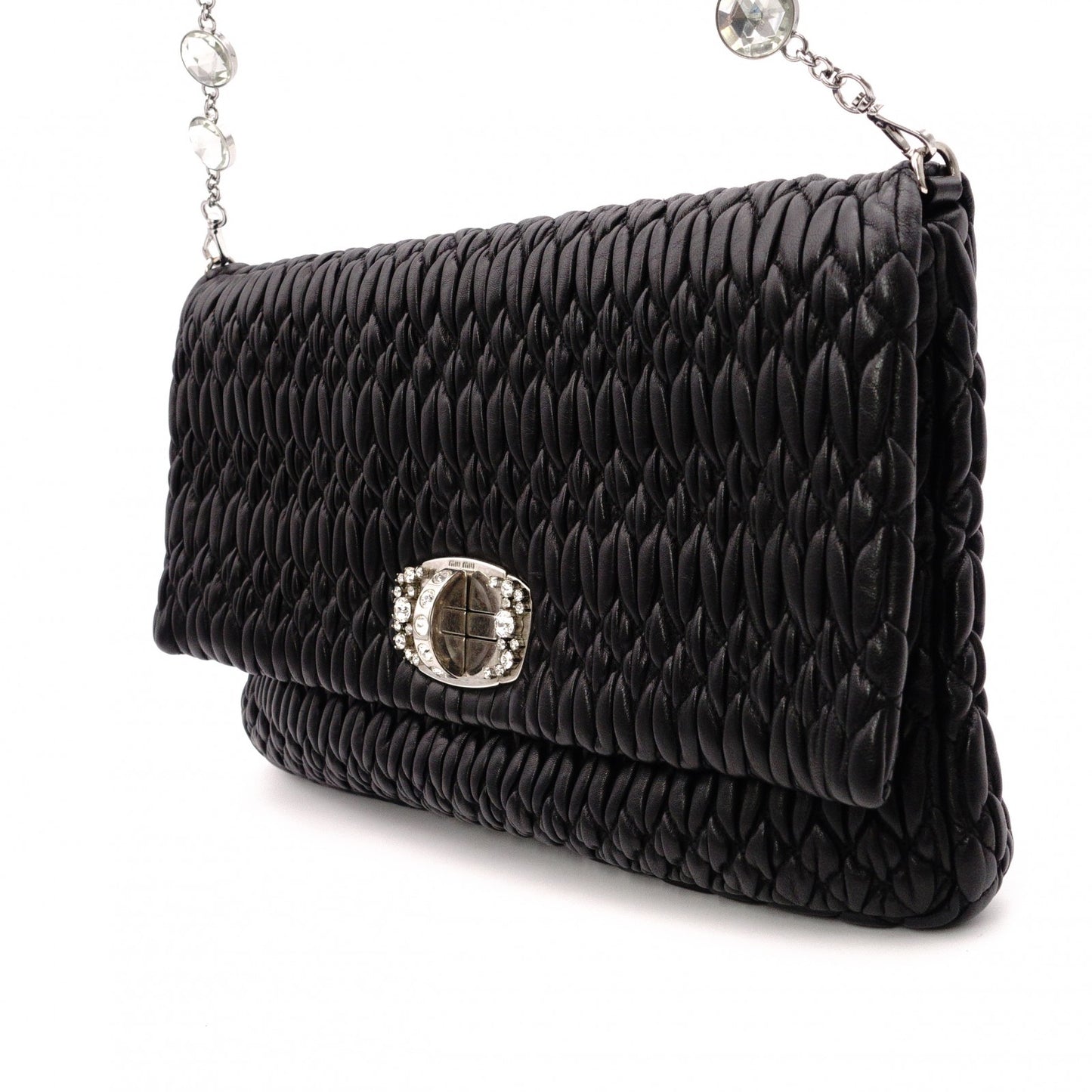 Miu Miu Matelassé Shoulder Bag, Leather, Black, Jewels, Rhinestones, Silver Hardware