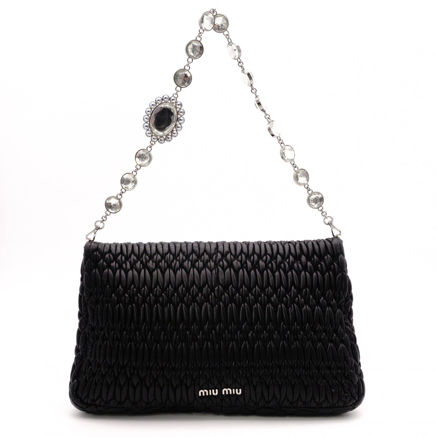 Miu Miu Matelassé Shoulder Bag, Leather, Black, Jewels, Rhinestones, Silver Hardware