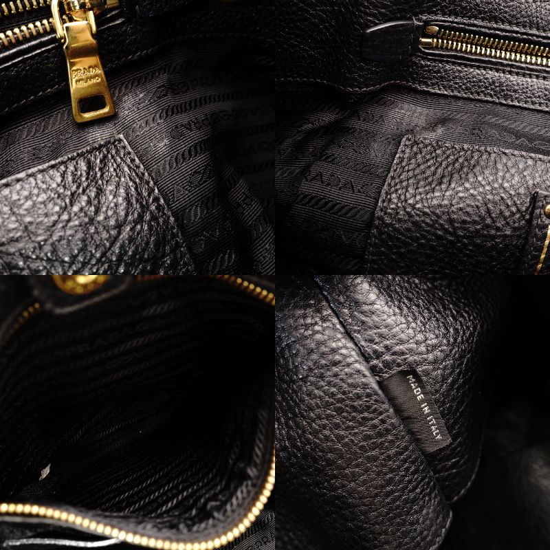 PRADA Vittorino Dino Tote Bag Black Leather Black Gold Hardware 2-Way Shoulder 7-10-327