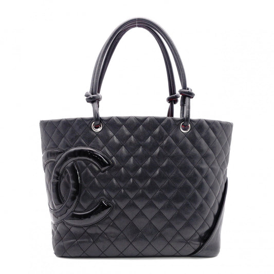 CHANEL Cambon Line Handbag, Leather, Black, CC Logo Tote Bag