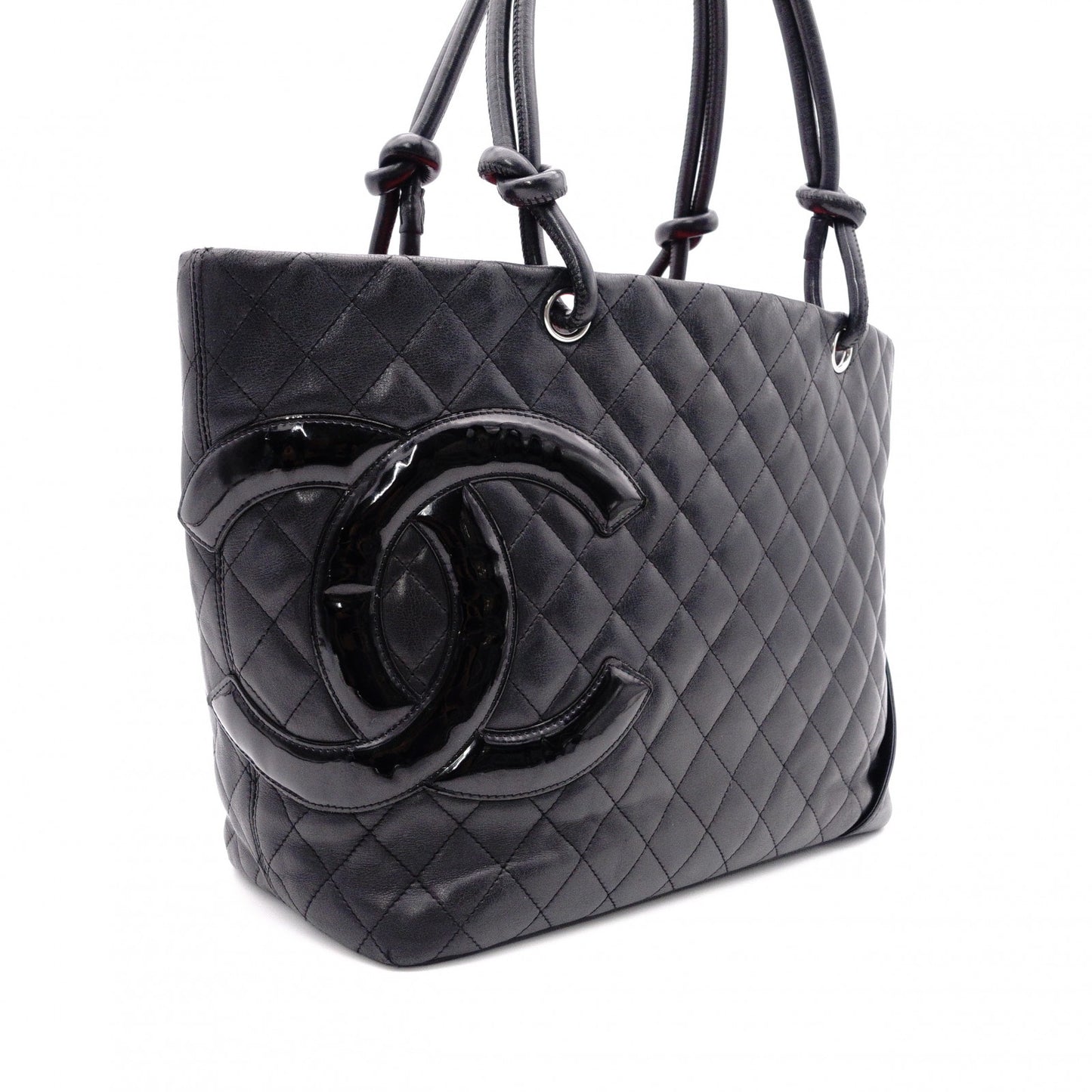 CHANEL Cambon Line Handbag, Leather, Black, CC Logo Tote Bag