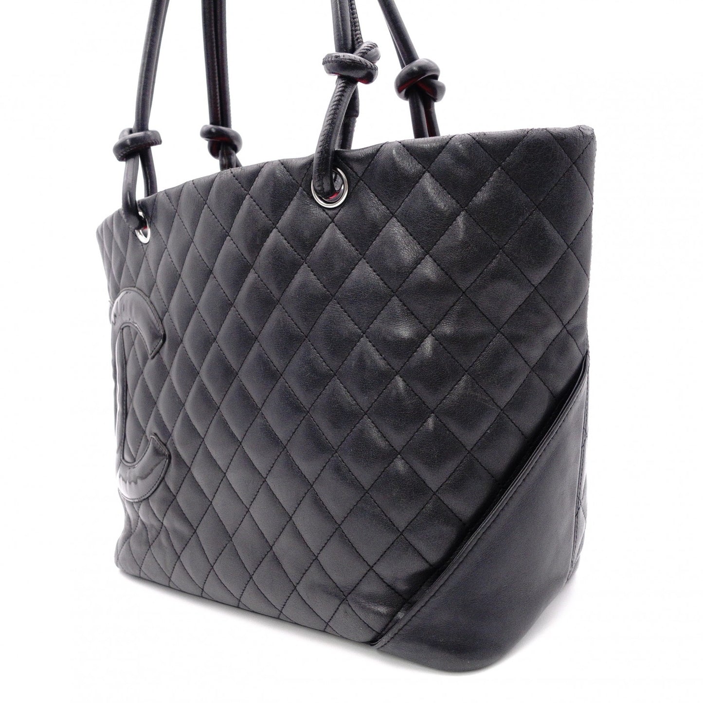 CHANEL Cambon Line Handbag, Leather, Black, CC Logo Tote Bag