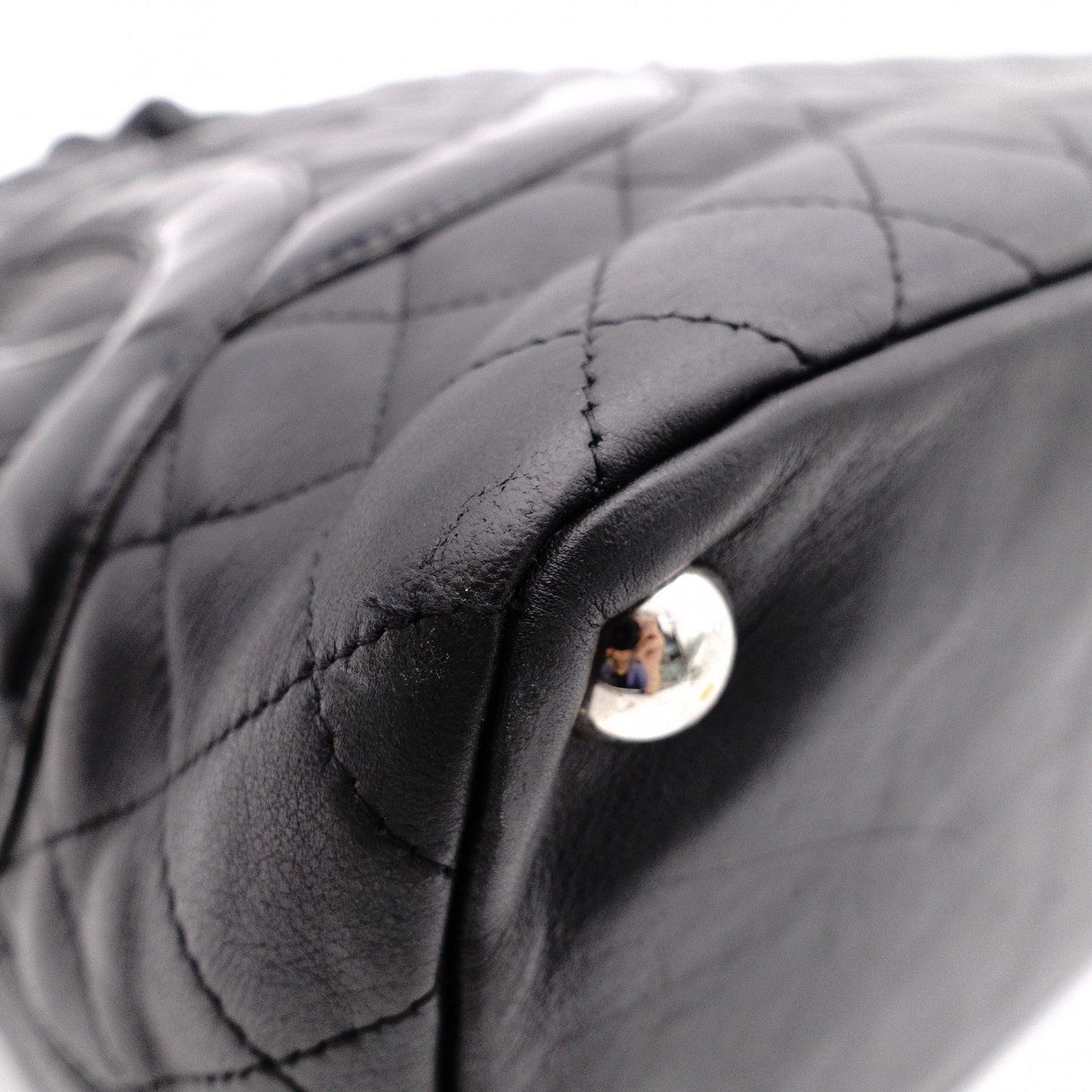 CHANEL Cambon Line Handbag, Leather, Black, CC Logo Tote Bag