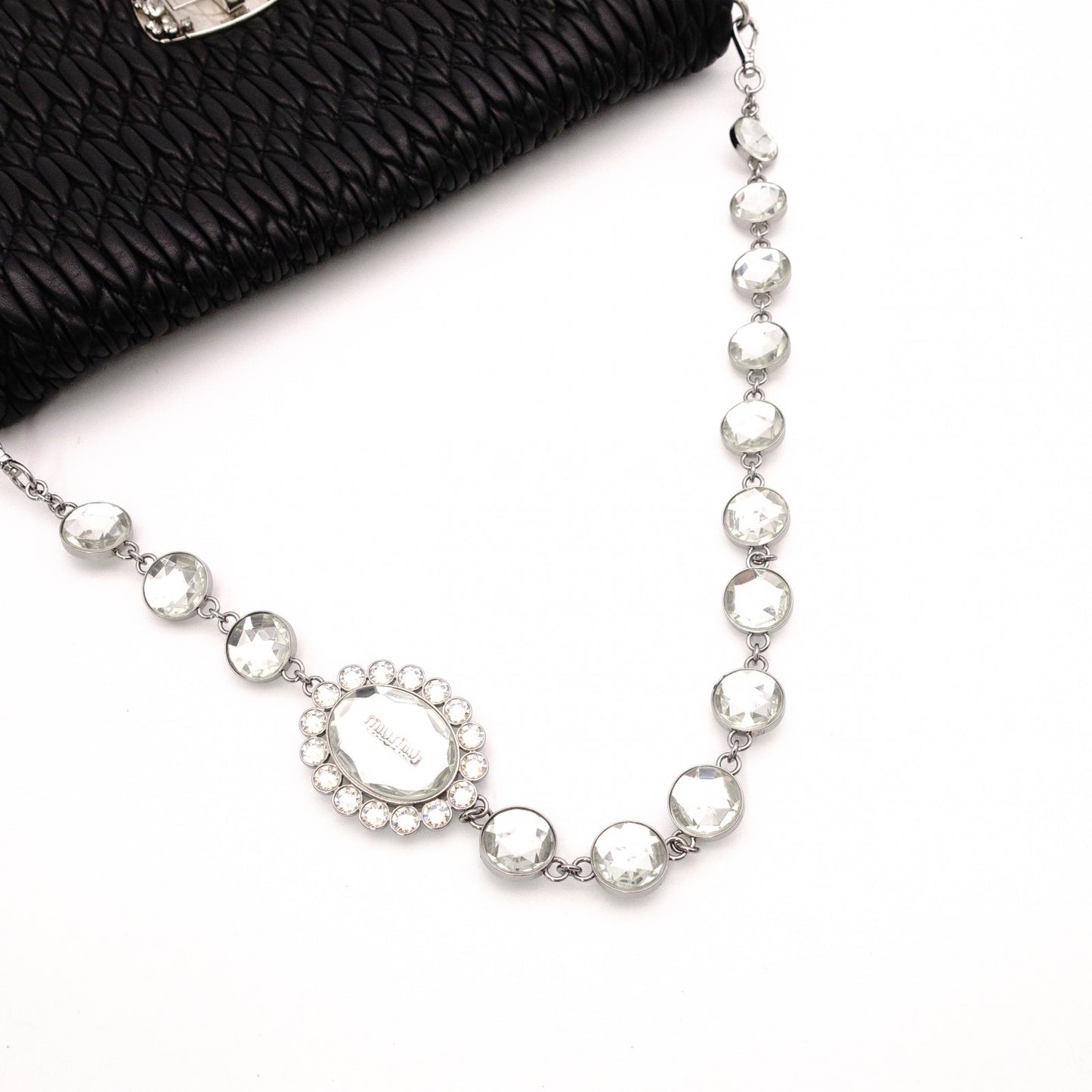 Miu Miu Matelassé Shoulder Bag, Leather, Black, Jewels, Rhinestones, Silver Hardware