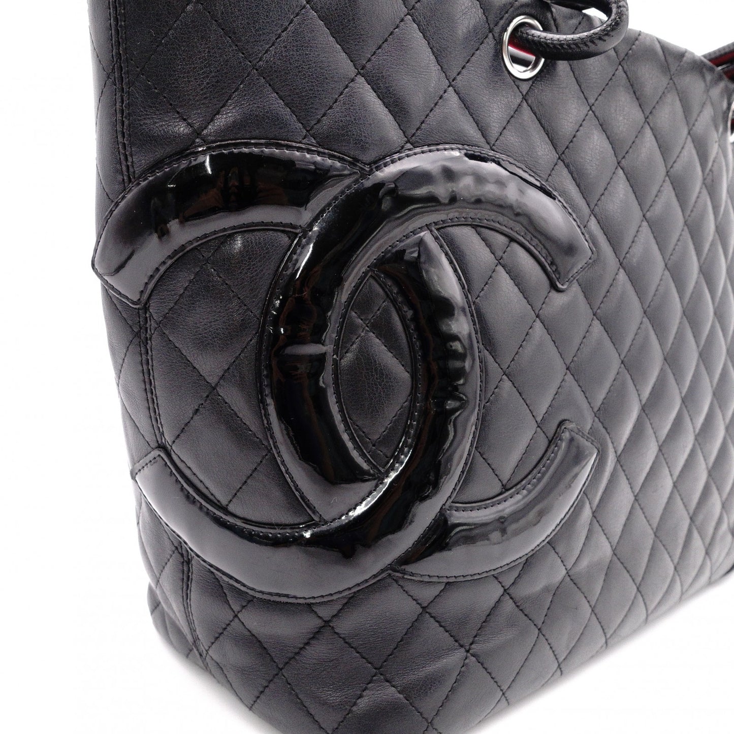 CHANEL Cambon Line Handbag, Leather, Black, CC Logo Tote Bag