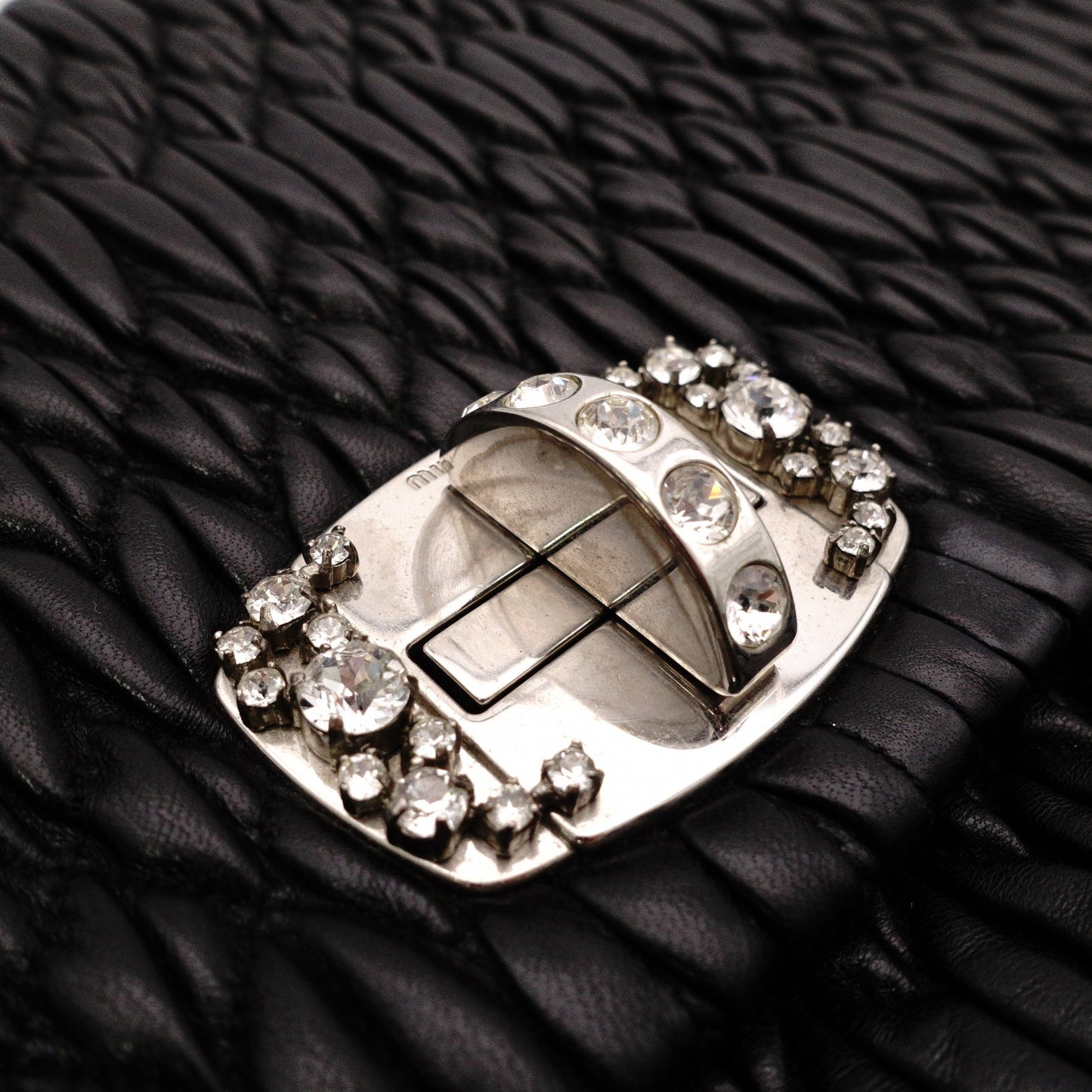 Miu Miu Matelassé Shoulder Bag, Leather, Black, Jewels, Rhinestones, Silver Hardware