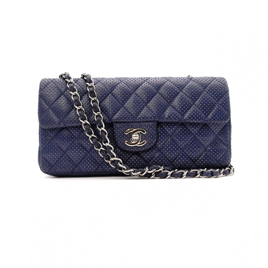 CHANEL Quilted Double-Flap Matelassé Shoulder Bag, Leather, Navy, Crossbody, Silver Hardware