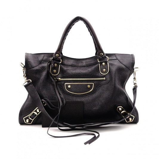 BALENCIAGA Classic Metallic Edge City Handbag, Leather, Black, 2-Way