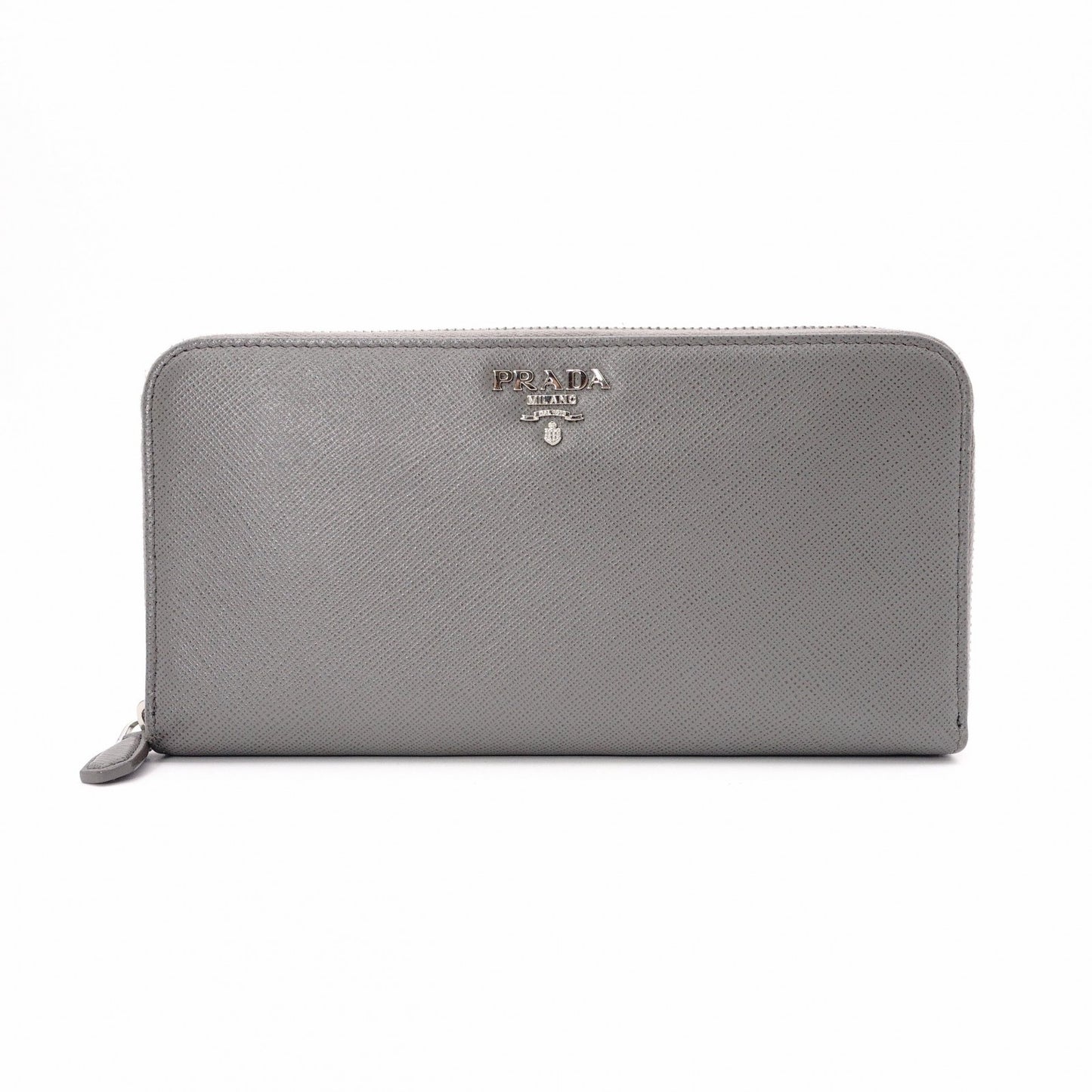PRADA Saffiano Leather Long Wallet, Gray with Silver Hardware